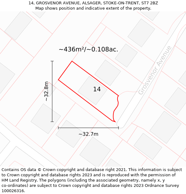 14, GROSVENOR AVENUE, ALSAGER, STOKE-ON-TRENT, ST7 2BZ: Plot and title map