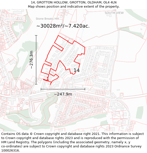 14, GROTTON HOLLOW, GROTTON, OLDHAM, OL4 4LN: Plot and title map