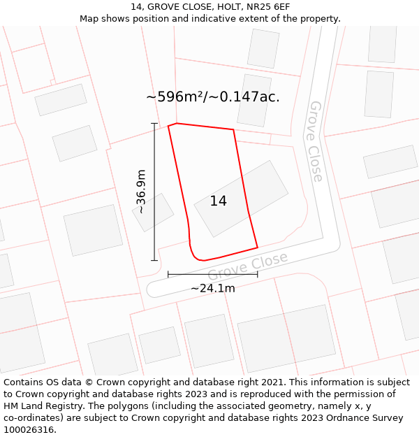 14, GROVE CLOSE, HOLT, NR25 6EF: Plot and title map