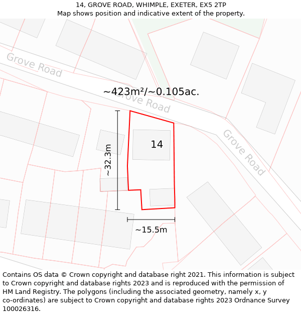 14, GROVE ROAD, WHIMPLE, EXETER, EX5 2TP: Plot and title map