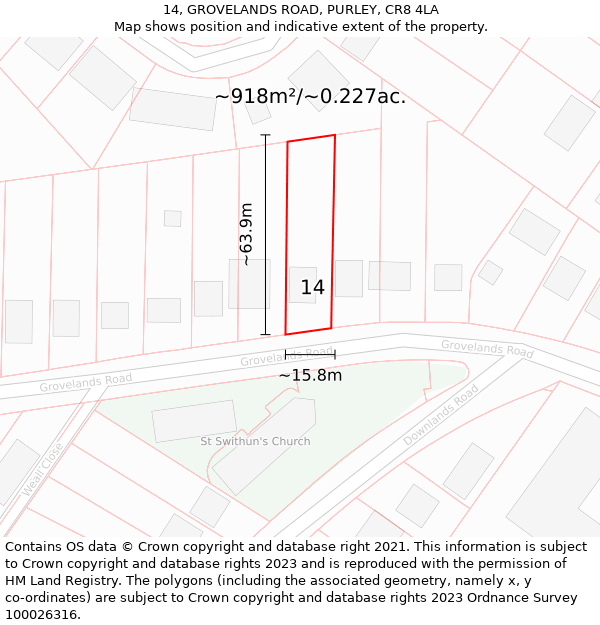 14, GROVELANDS ROAD, PURLEY, CR8 4LA: Plot and title map