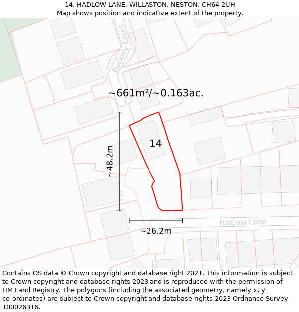 14, HADLOW LANE, WILLASTON, NESTON, CH64 2UH: Plot and title map