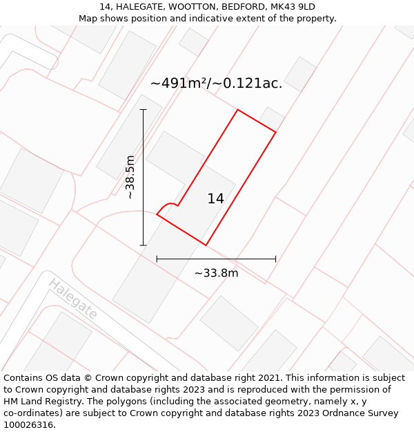 14, HALEGATE, WOOTTON, BEDFORD, MK43 9LD: Plot and title map