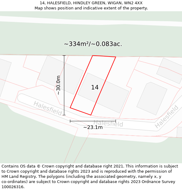 14, HALESFIELD, HINDLEY GREEN, WIGAN, WN2 4XX: Plot and title map