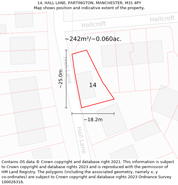 14, HALL LANE, PARTINGTON, MANCHESTER, M31 4PY: Plot and title map