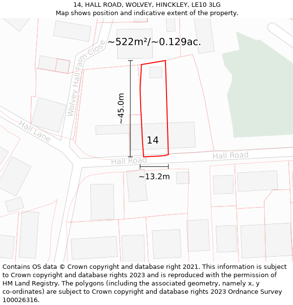 14, HALL ROAD, WOLVEY, HINCKLEY, LE10 3LG: Plot and title map