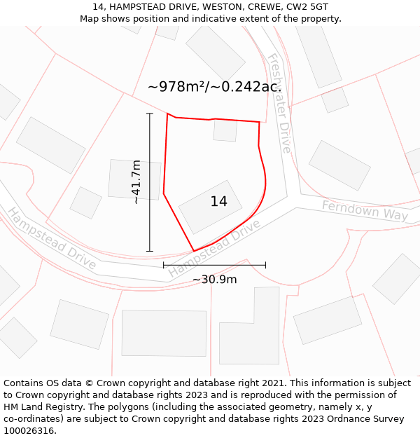 14, HAMPSTEAD DRIVE, WESTON, CREWE, CW2 5GT: Plot and title map