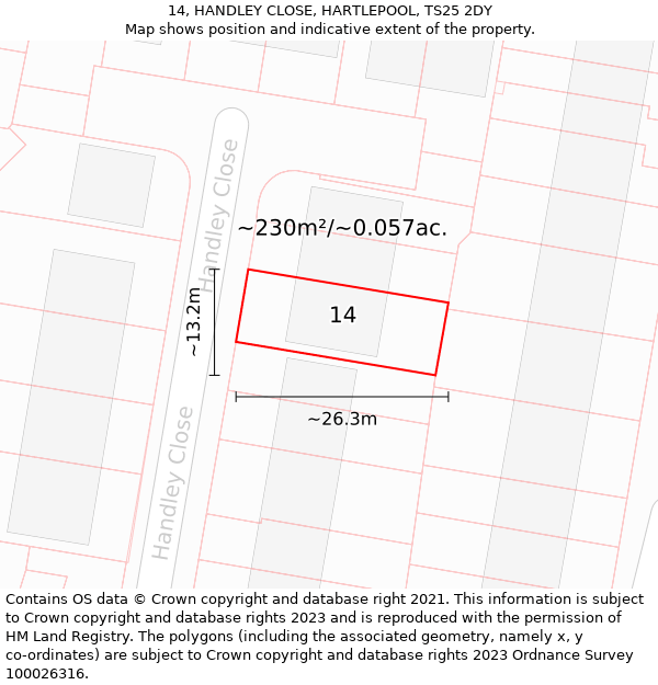 14, HANDLEY CLOSE, HARTLEPOOL, TS25 2DY: Plot and title map