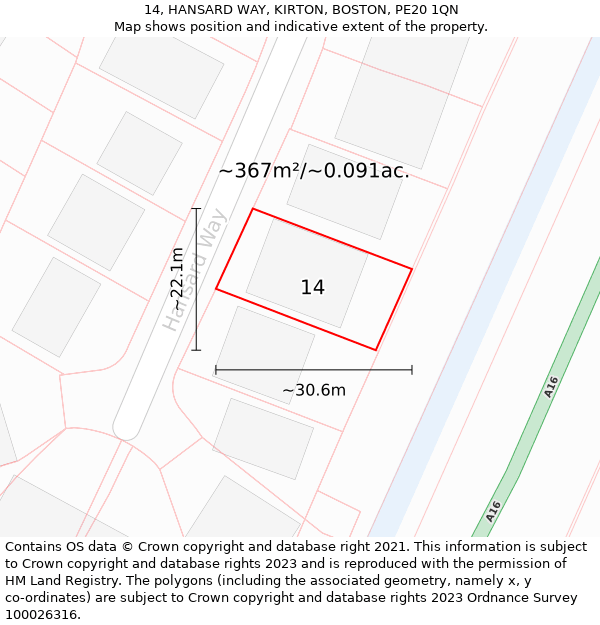 14, HANSARD WAY, KIRTON, BOSTON, PE20 1QN: Plot and title map