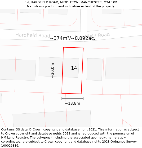 14, HARDFIELD ROAD, MIDDLETON, MANCHESTER, M24 1PD: Plot and title map