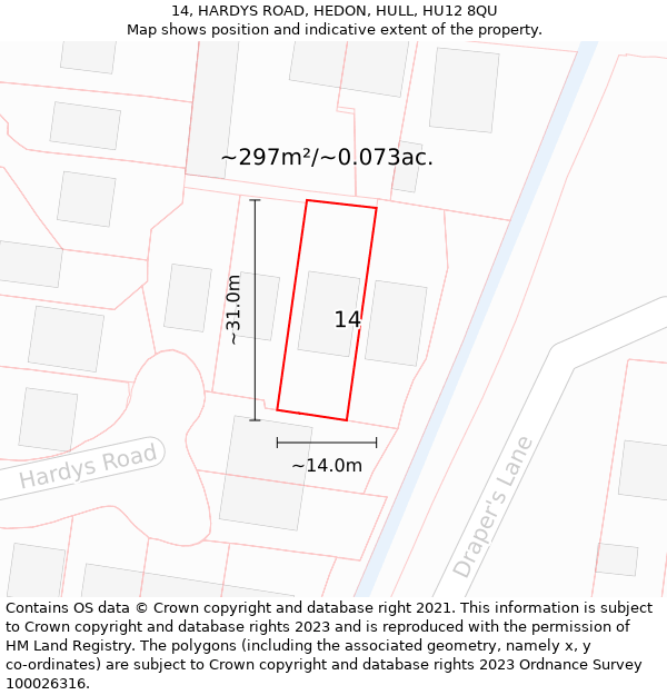 14, HARDYS ROAD, HEDON, HULL, HU12 8QU: Plot and title map