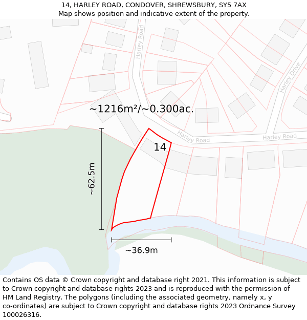 14, HARLEY ROAD, CONDOVER, SHREWSBURY, SY5 7AX: Plot and title map