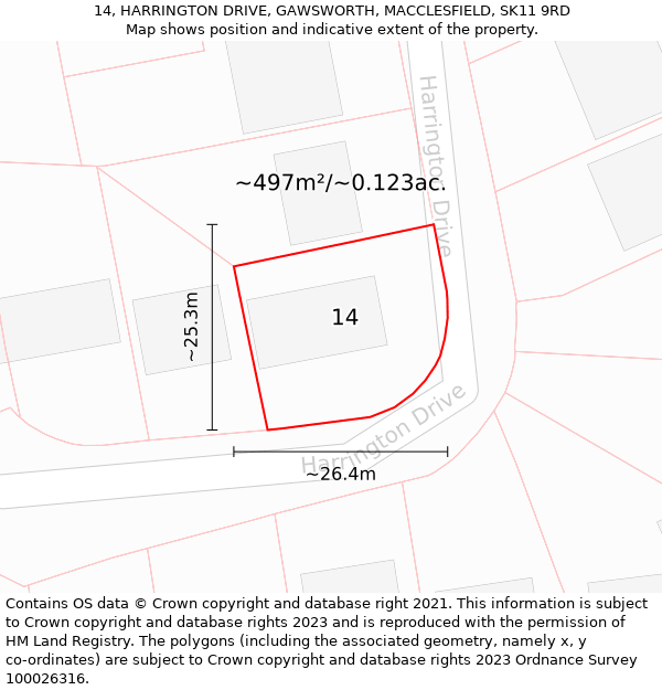 14, HARRINGTON DRIVE, GAWSWORTH, MACCLESFIELD, SK11 9RD: Plot and title map