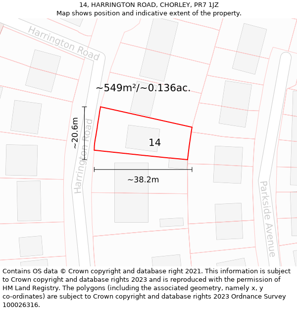 14, HARRINGTON ROAD, CHORLEY, PR7 1JZ: Plot and title map