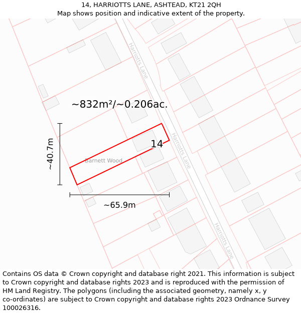 14, HARRIOTTS LANE, ASHTEAD, KT21 2QH: Plot and title map