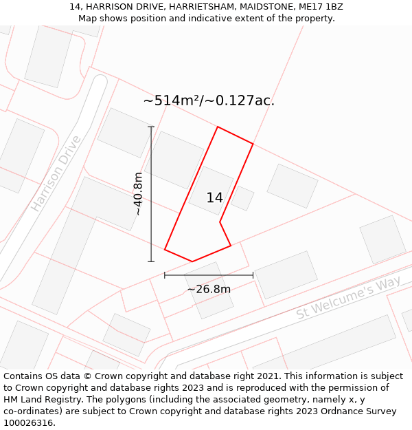 14, HARRISON DRIVE, HARRIETSHAM, MAIDSTONE, ME17 1BZ: Plot and title map