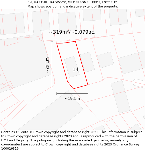 14, HARTHILL PADDOCK, GILDERSOME, LEEDS, LS27 7UZ: Plot and title map