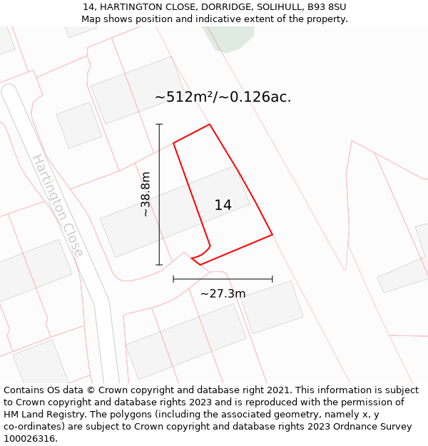 14, HARTINGTON CLOSE, DORRIDGE, SOLIHULL, B93 8SU: Plot and title map