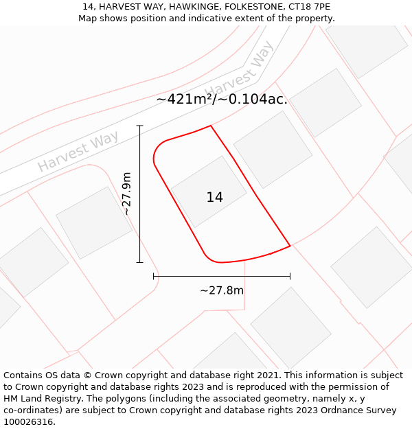 14, HARVEST WAY, HAWKINGE, FOLKESTONE, CT18 7PE: Plot and title map