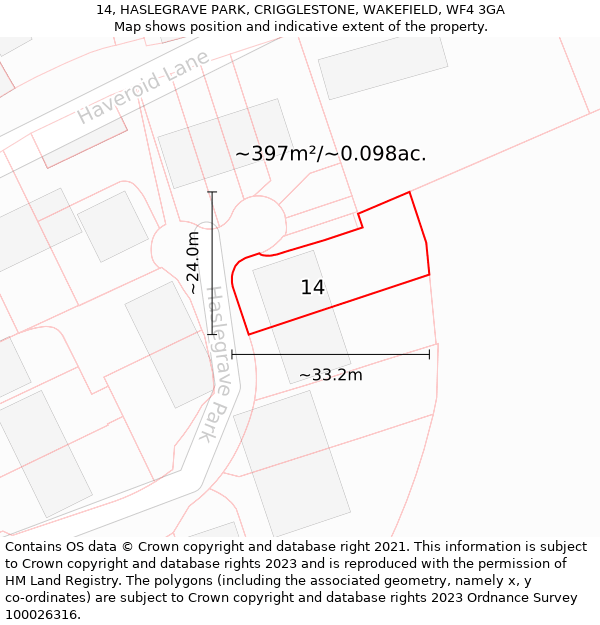 14, HASLEGRAVE PARK, CRIGGLESTONE, WAKEFIELD, WF4 3GA: Plot and title map