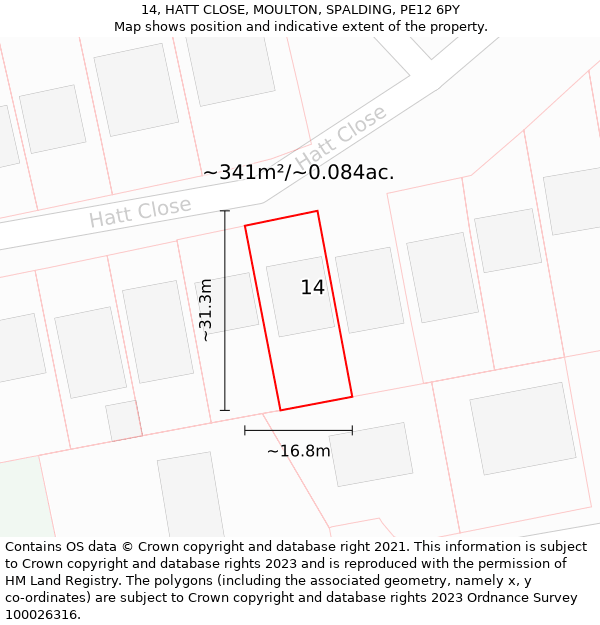 14, HATT CLOSE, MOULTON, SPALDING, PE12 6PY: Plot and title map