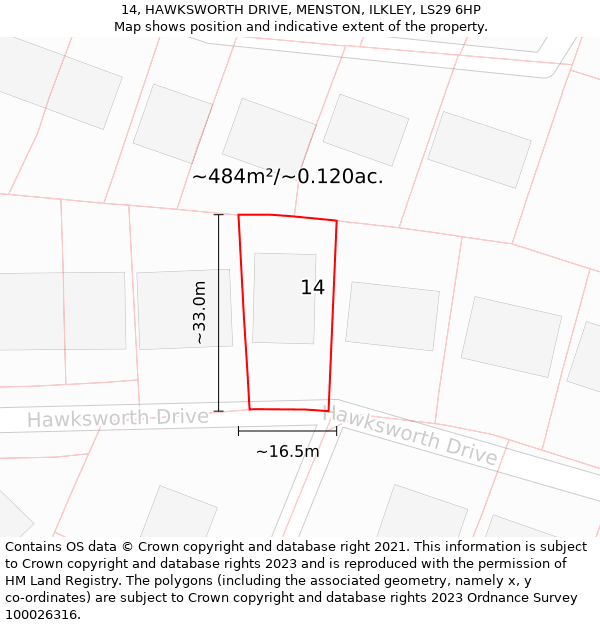 14, HAWKSWORTH DRIVE, MENSTON, ILKLEY, LS29 6HP: Plot and title map