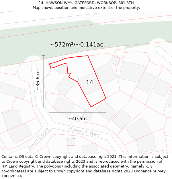 14, HAWSON WAY, GATEFORD, WORKSOP, S81 8TH: Plot and title map