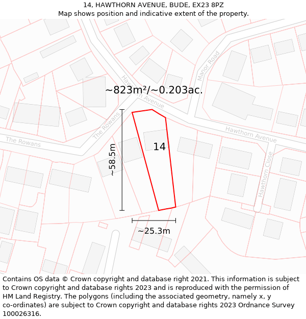 14, HAWTHORN AVENUE, BUDE, EX23 8PZ: Plot and title map