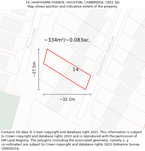 14, HAWTHORN AVENUE, HAUXTON, CAMBRIDGE, CB22 5JA: Plot and title map