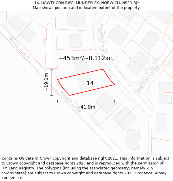 14, HAWTHORN RISE, MUNDESLEY, NORWICH, NR11 8JY: Plot and title map