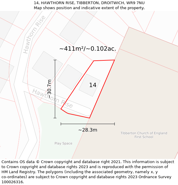 14, HAWTHORN RISE, TIBBERTON, DROITWICH, WR9 7NU: Plot and title map
