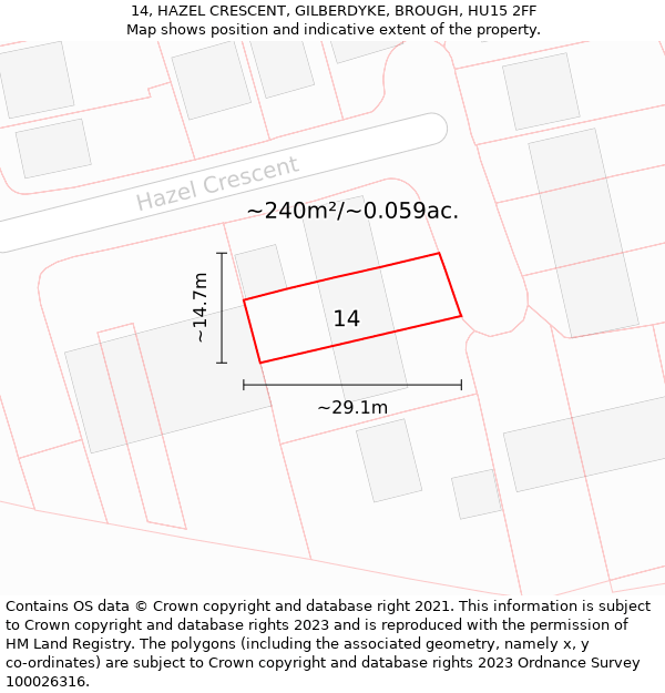 14, HAZEL CRESCENT, GILBERDYKE, BROUGH, HU15 2FF: Plot and title map