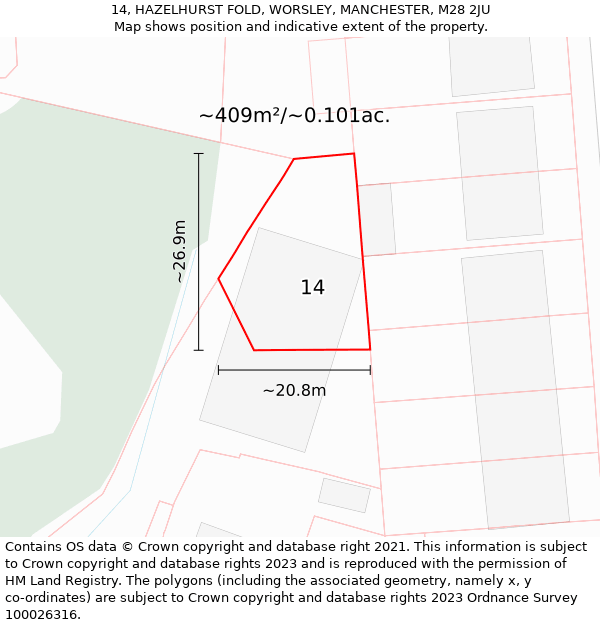 14, HAZELHURST FOLD, WORSLEY, MANCHESTER, M28 2JU: Plot and title map