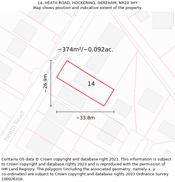 14, HEATH ROAD, HOCKERING, DEREHAM, NR20 3HY: Plot and title map