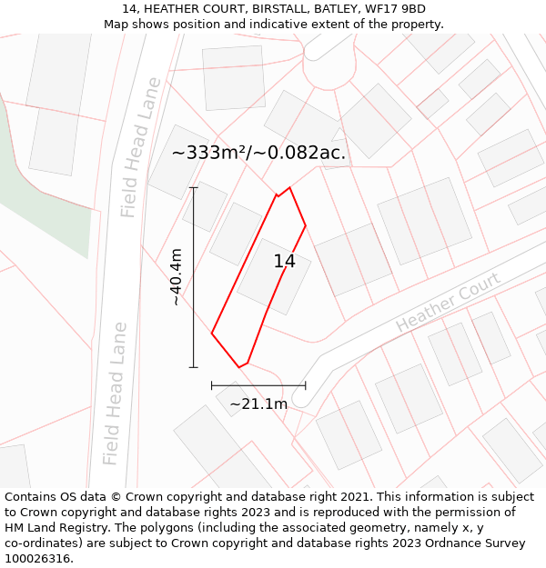 14, HEATHER COURT, BIRSTALL, BATLEY, WF17 9BD: Plot and title map