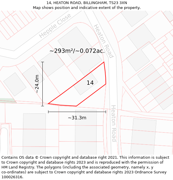 14, HEATON ROAD, BILLINGHAM, TS23 3XN: Plot and title map