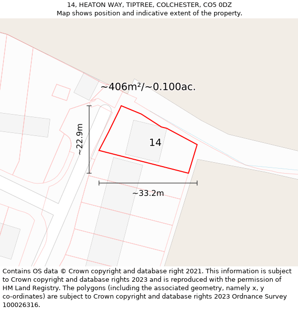 14, HEATON WAY, TIPTREE, COLCHESTER, CO5 0DZ: Plot and title map