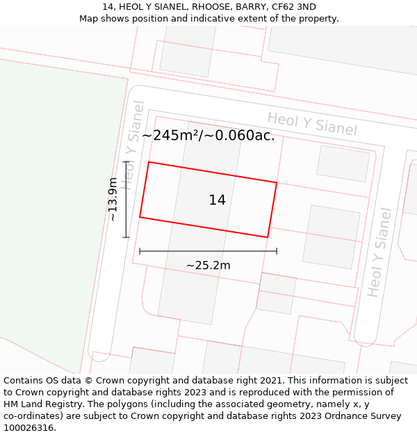 14, HEOL Y SIANEL, RHOOSE, BARRY, CF62 3ND: Plot and title map