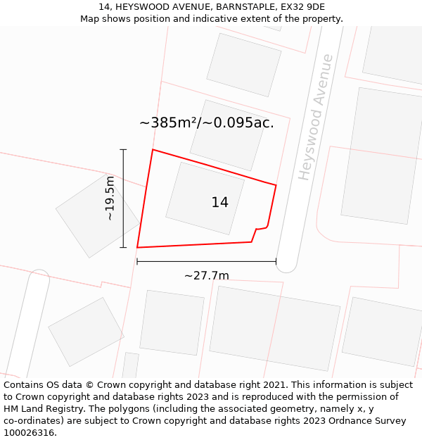 14, HEYSWOOD AVENUE, BARNSTAPLE, EX32 9DE: Plot and title map