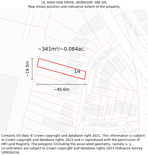 14, HIGH HOE DRIVE, WORKSOP, S80 2PL: Plot and title map