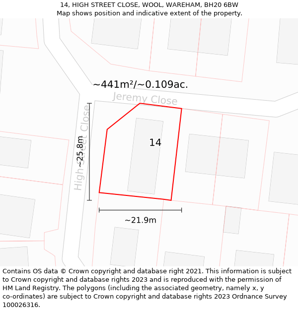 14, HIGH STREET CLOSE, WOOL, WAREHAM, BH20 6BW: Plot and title map