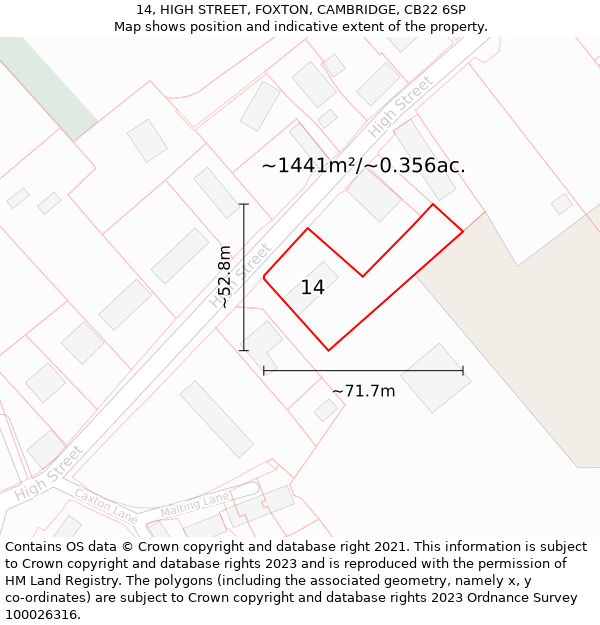 14, HIGH STREET, FOXTON, CAMBRIDGE, CB22 6SP: Plot and title map