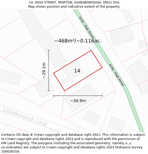 14, HIGH STREET, MARTON, GAINSBOROUGH, DN21 5AA: Plot and title map