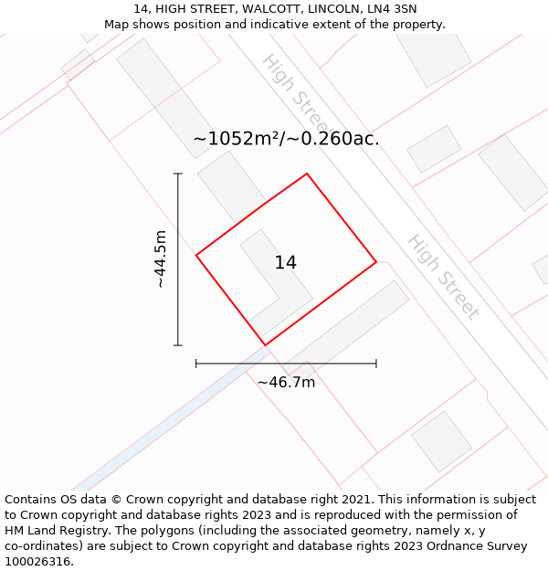 14, HIGH STREET, WALCOTT, LINCOLN, LN4 3SN: Plot and title map