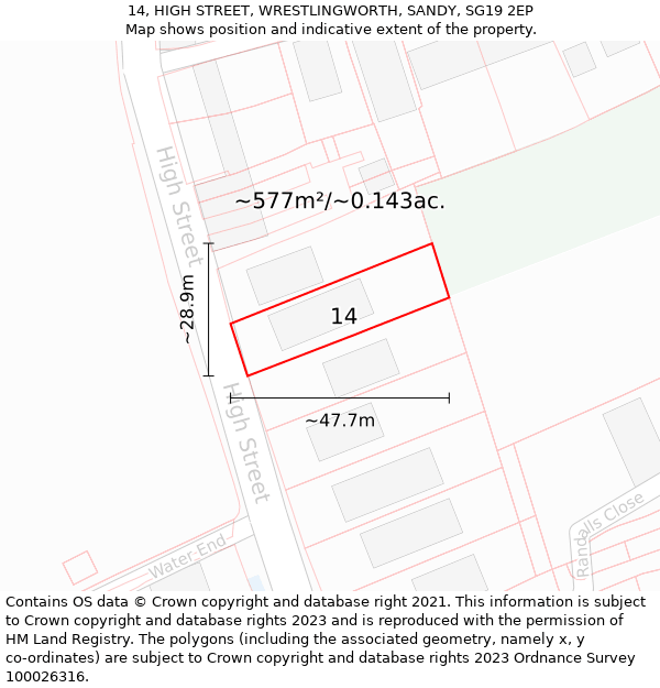 14, HIGH STREET, WRESTLINGWORTH, SANDY, SG19 2EP: Plot and title map