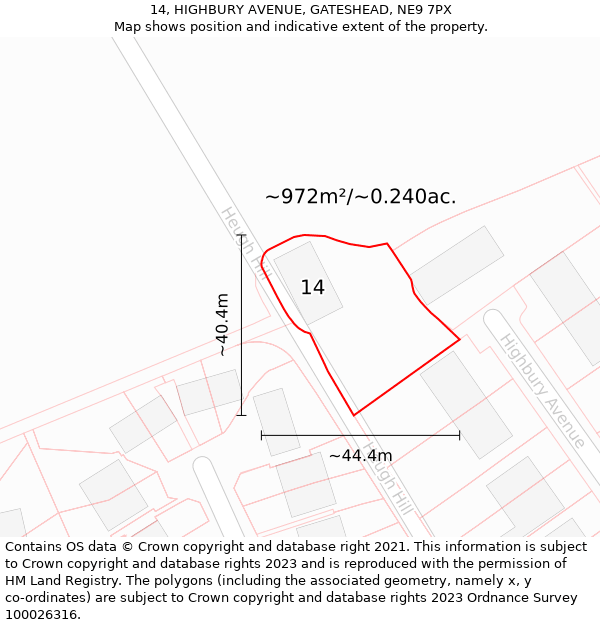 14, HIGHBURY AVENUE, GATESHEAD, NE9 7PX: Plot and title map