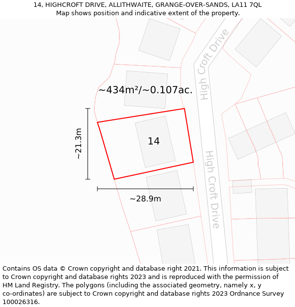 14, HIGHCROFT DRIVE, ALLITHWAITE, GRANGE-OVER-SANDS, LA11 7QL: Plot and title map