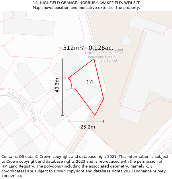 14, HIGHFIELD GRANGE, HORBURY, WAKEFIELD, WF4 5LT: Plot and title map