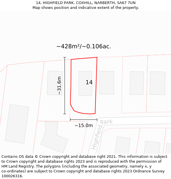 14, HIGHFIELD PARK, COXHILL, NARBERTH, SA67 7UN: Plot and title map