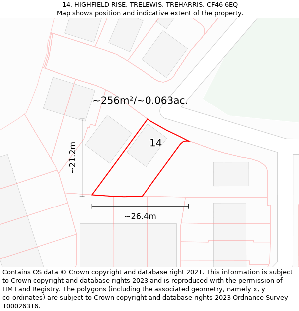 14, HIGHFIELD RISE, TRELEWIS, TREHARRIS, CF46 6EQ: Plot and title map